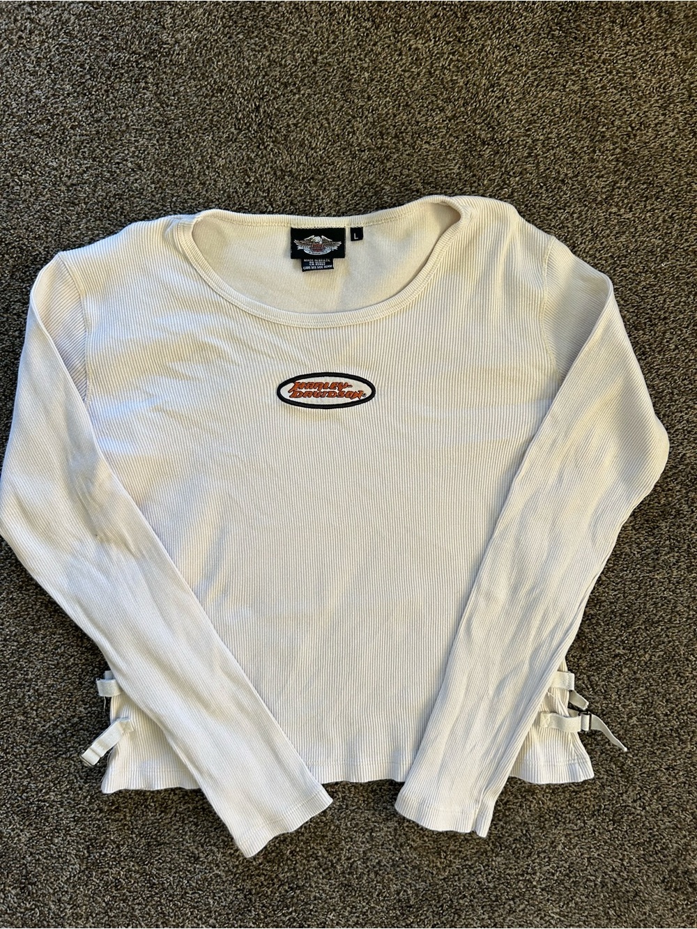 Harley-Davidson Cream Ribbed Long Sleeve Top with Side Ties